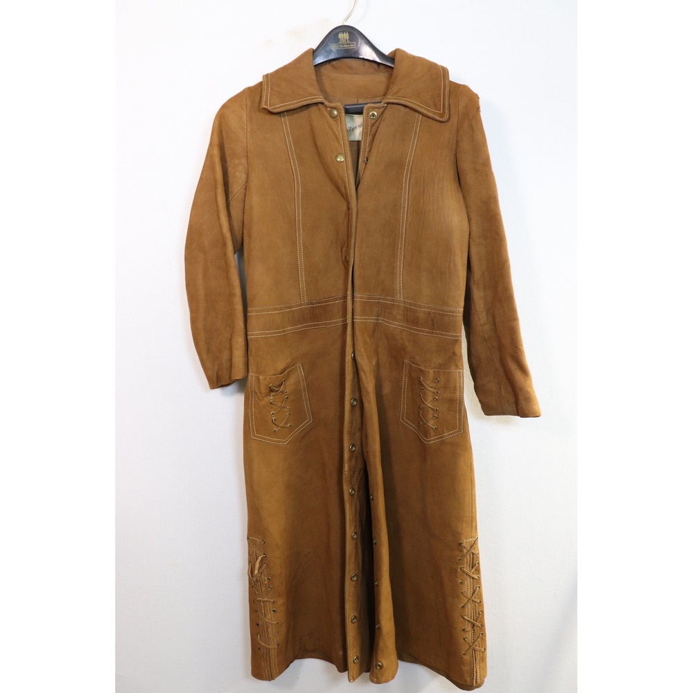 Vintage Saks‎ Fifth Avenue Brown Suede Leather Lace Up Maxi Duster Coat 70s Boho